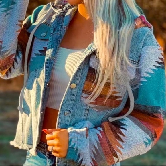 Kristine’s Closet Jackets & Blazers - 🎁 Blue🌵Aztec Print Distressed Hem Denim Jacket
